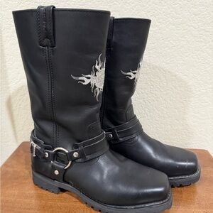 Harley-Davidson Black Leather Boots with Silver Embroidery